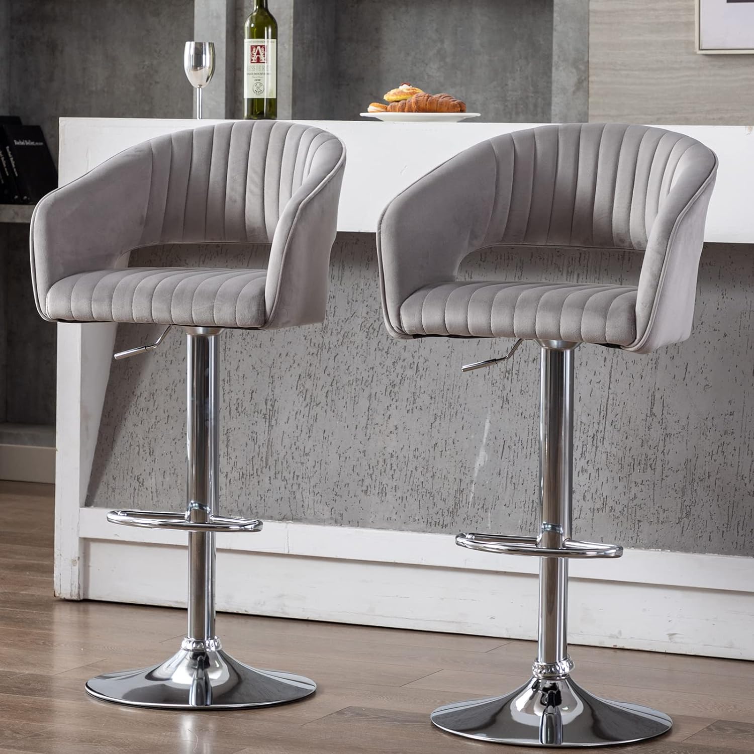 ZSARTS Velvet Swivel Barstools Set of 2, Upholstered Adjustable 24 Inch Counter Bar Stools with Back and Footrest, Comfy Dining Chairs for Pub Kitchen Island, Grey