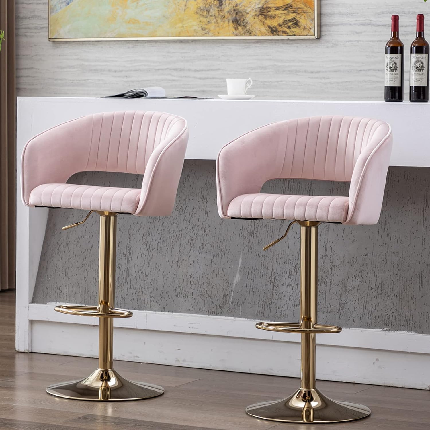 ZSARTS Pink Bar Stools Set of 2, Velvet Swivel Barstools with Back Modern Adjustable Upholstered Counter Bar Chairs with Gold Footrest for Pub Island Dining Room, Pink