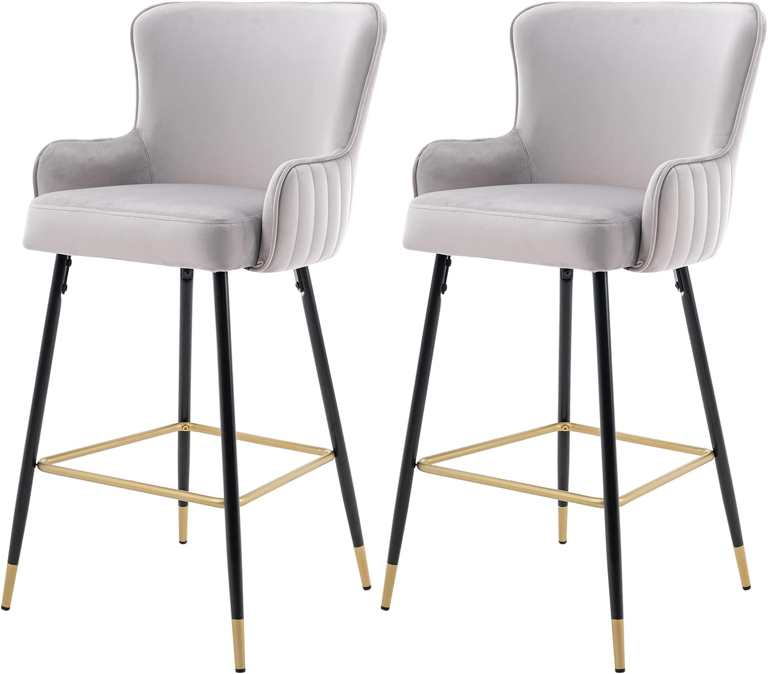 ZSARTS Grey Velvet Bar Stools Set of 2, 30 Gold Barstools Modern Wingback High Kitchen Dining Chairs Kitchen Upholstered Island Stools with Footrest for Home Bar Dining Room Pub (Grey)