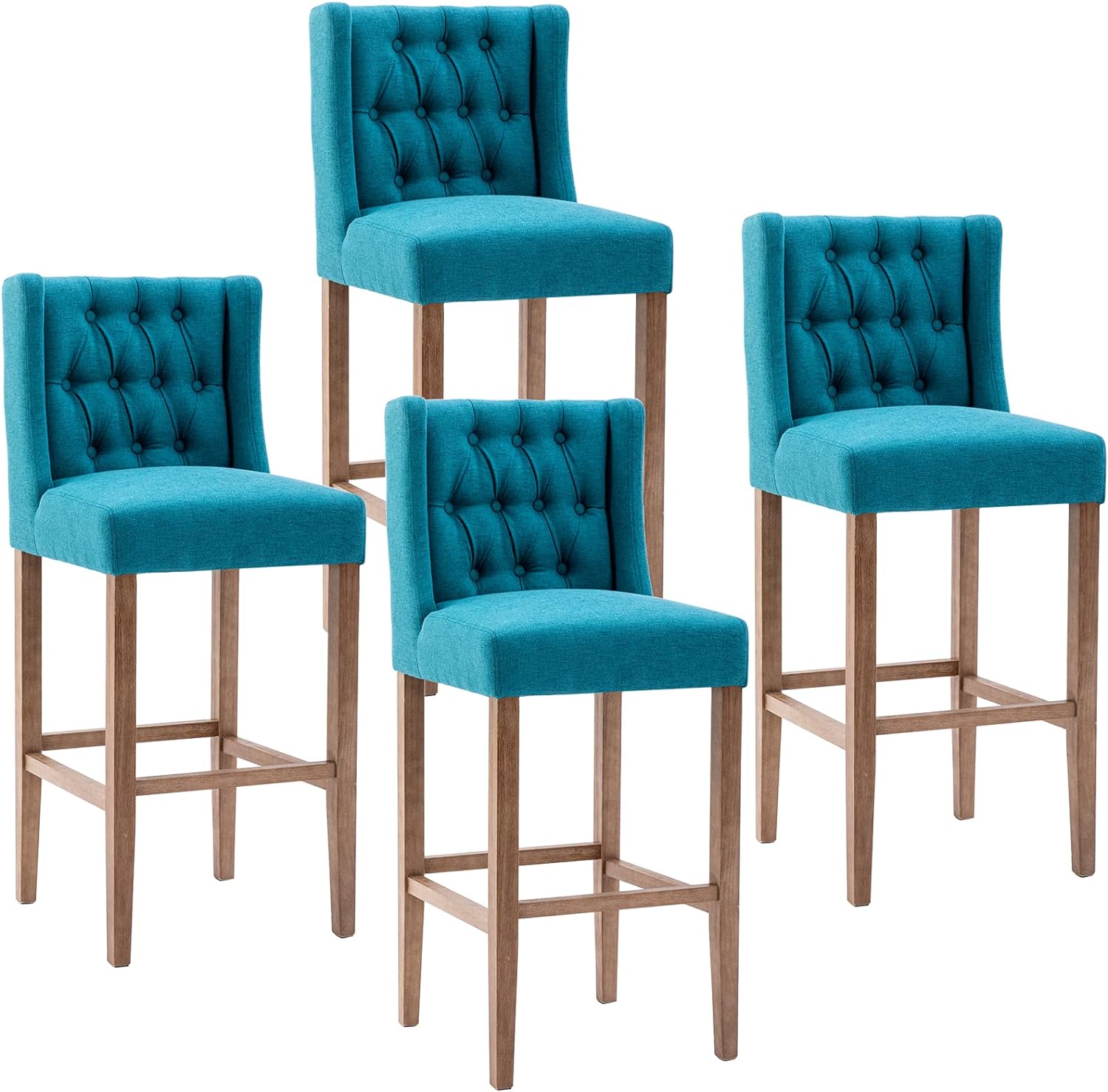 ZSARTS Farmhouse Bar Stools Set of 4, Upholstered 32 High Bar Chairs Tufted Button Wingback Kitchen Island Barstools with Wood Legs for Home Bar Dining Room Kitchen(Blue)