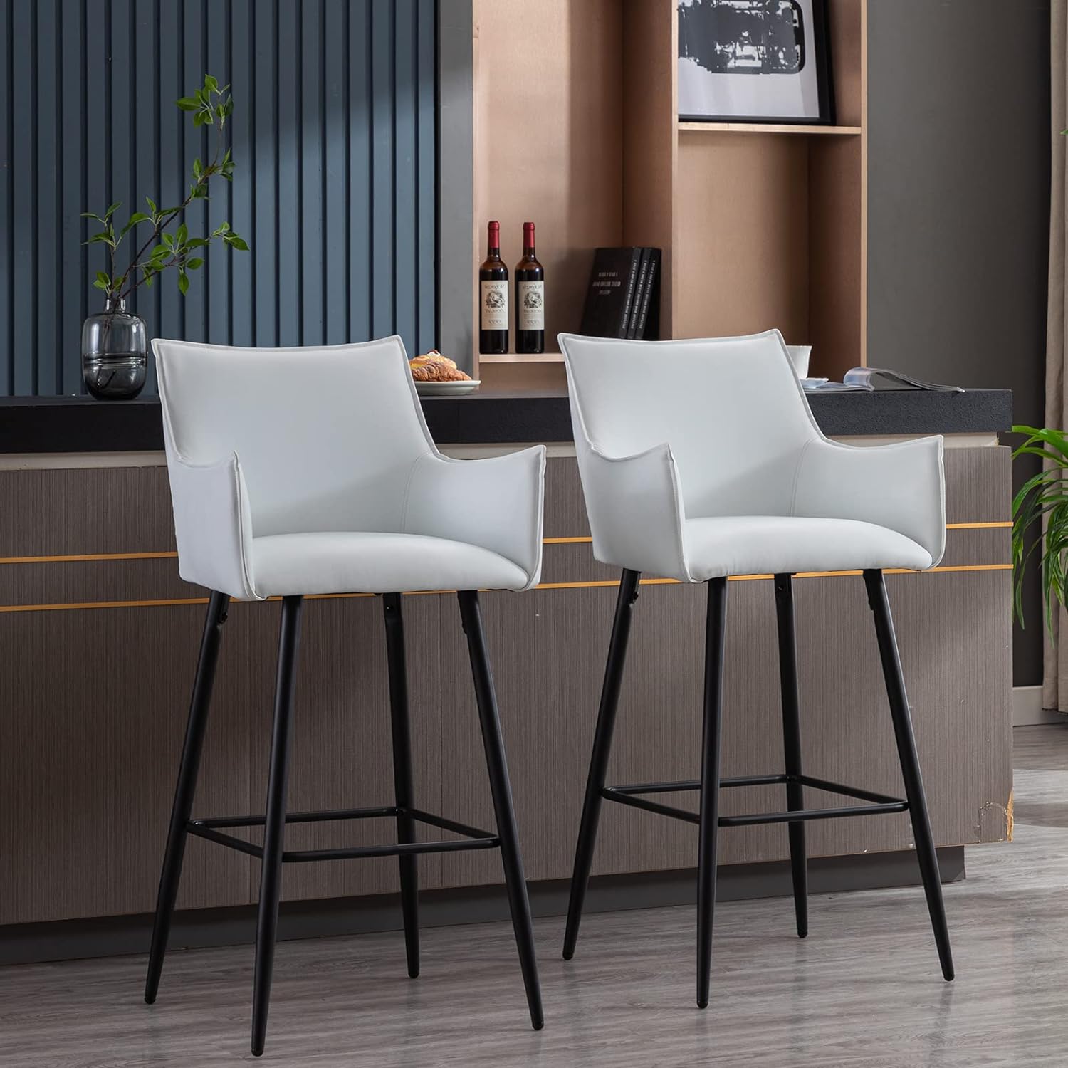 ZSARTS 30 White Bar Stools Set of 2, Modern Faux Leather High Back Barstools Upholstered Kitchen Island Chairs with Legs and Footrest for Home Bar Dining Room Pub (White)