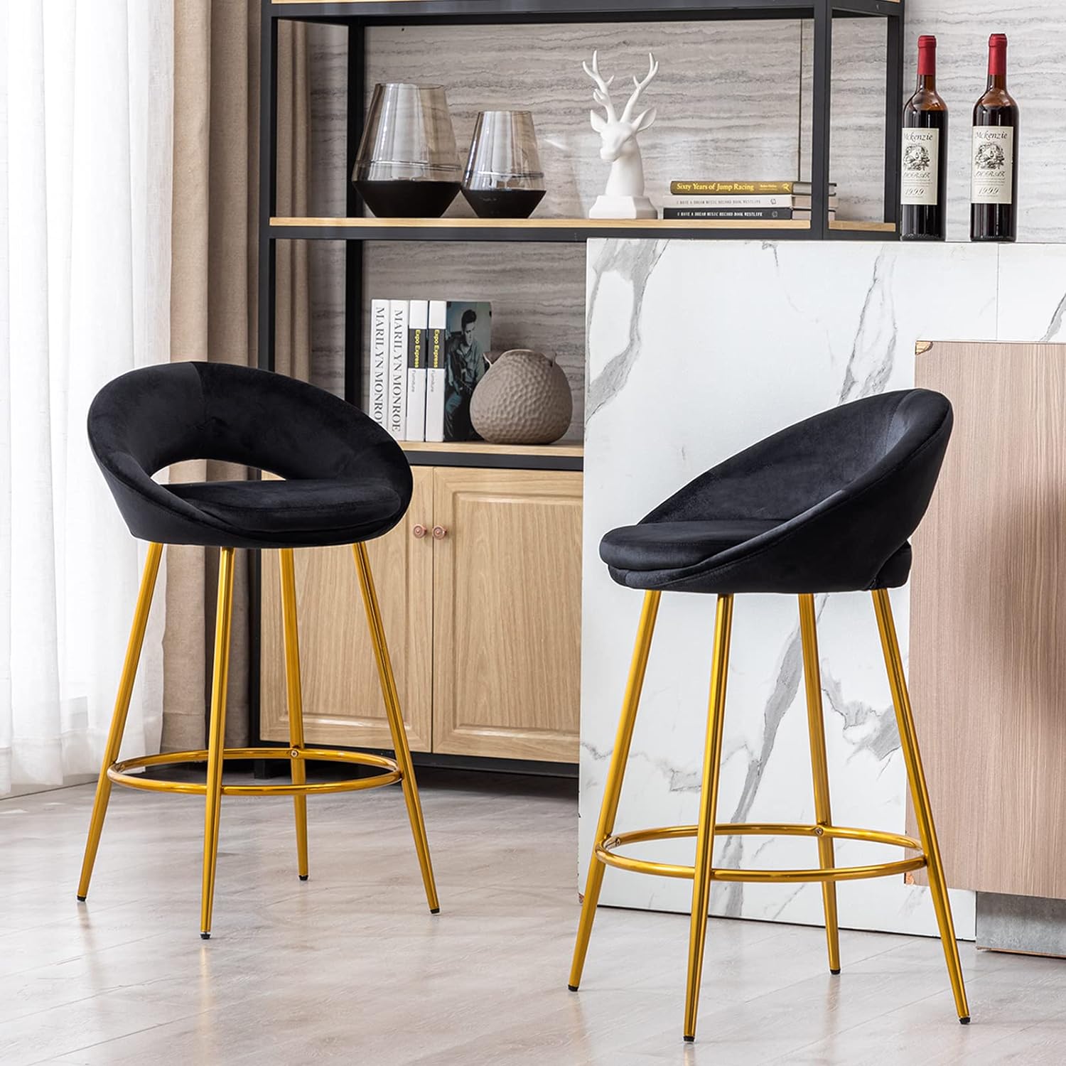 ZSARTS Velvet Counter Height Bar Stools Set of 2, 26 Modern Bar Chairs with Hollow Back Kitchen Island Barstools with Gold Legs and Footrest for Home Bar Dining Room Pub(Black)