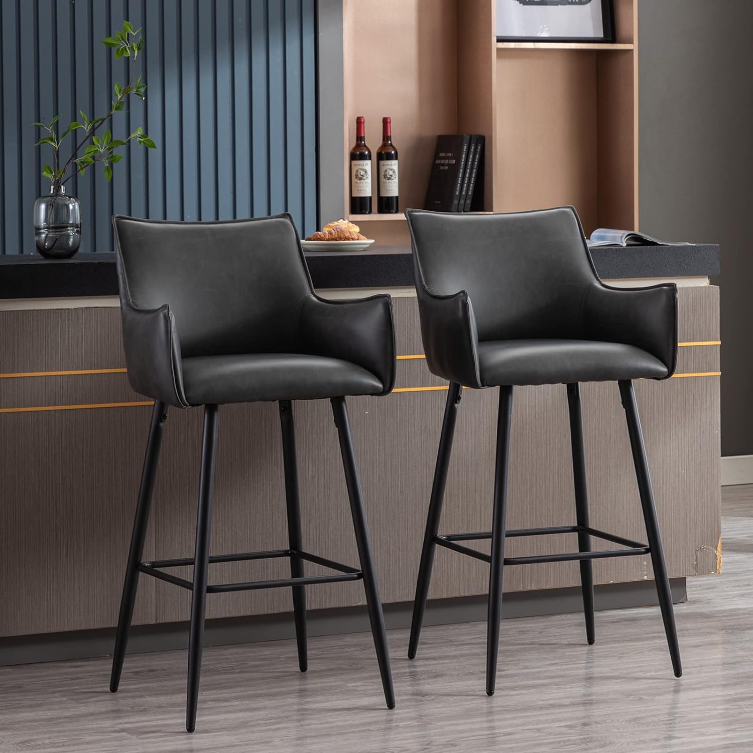 ZSARTS 30 Grey Bar Stools Set of 2, Modern Faux Leather High Back Barstools Upholstered Kitchen Island Chairs with Legs and Footrest for Home Bar Dining Room Pub (Grey)