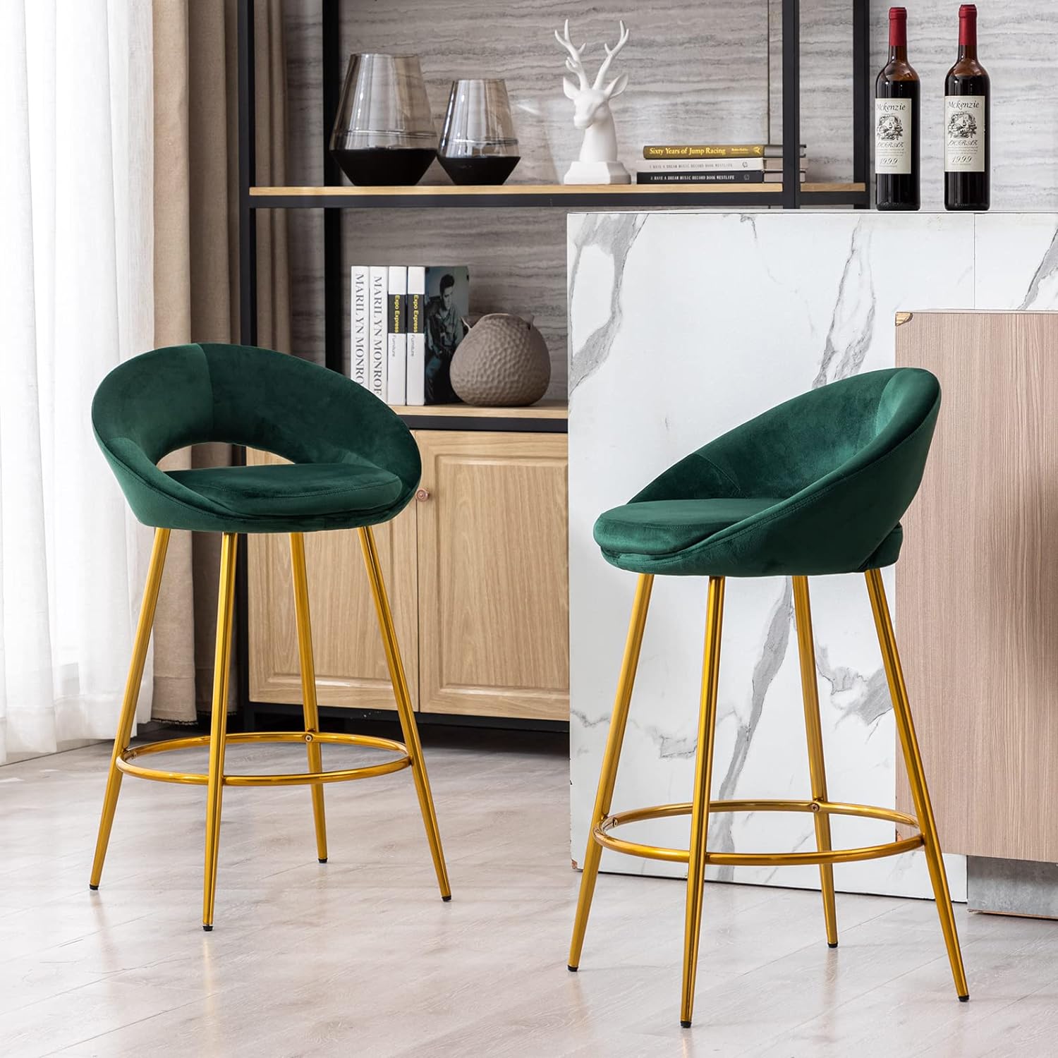 ZSARTS Velvet Counter Height Bar Stools Set of 2, 26 Modern Bar Chairs with Hollow Back Kitchen Island Barstools with Gold Legs and Footrest for Home Bar Dining Room Pub(Green)