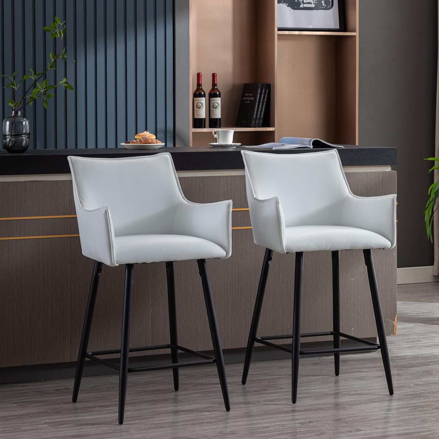 ZSARTS 26 White Bar Stools Set of 2, Modern Faux Leather Counter Height Barstools Upholstered Kitchen Chairs with Legs and Footrest for Home Bar Dining Room Pub (White)