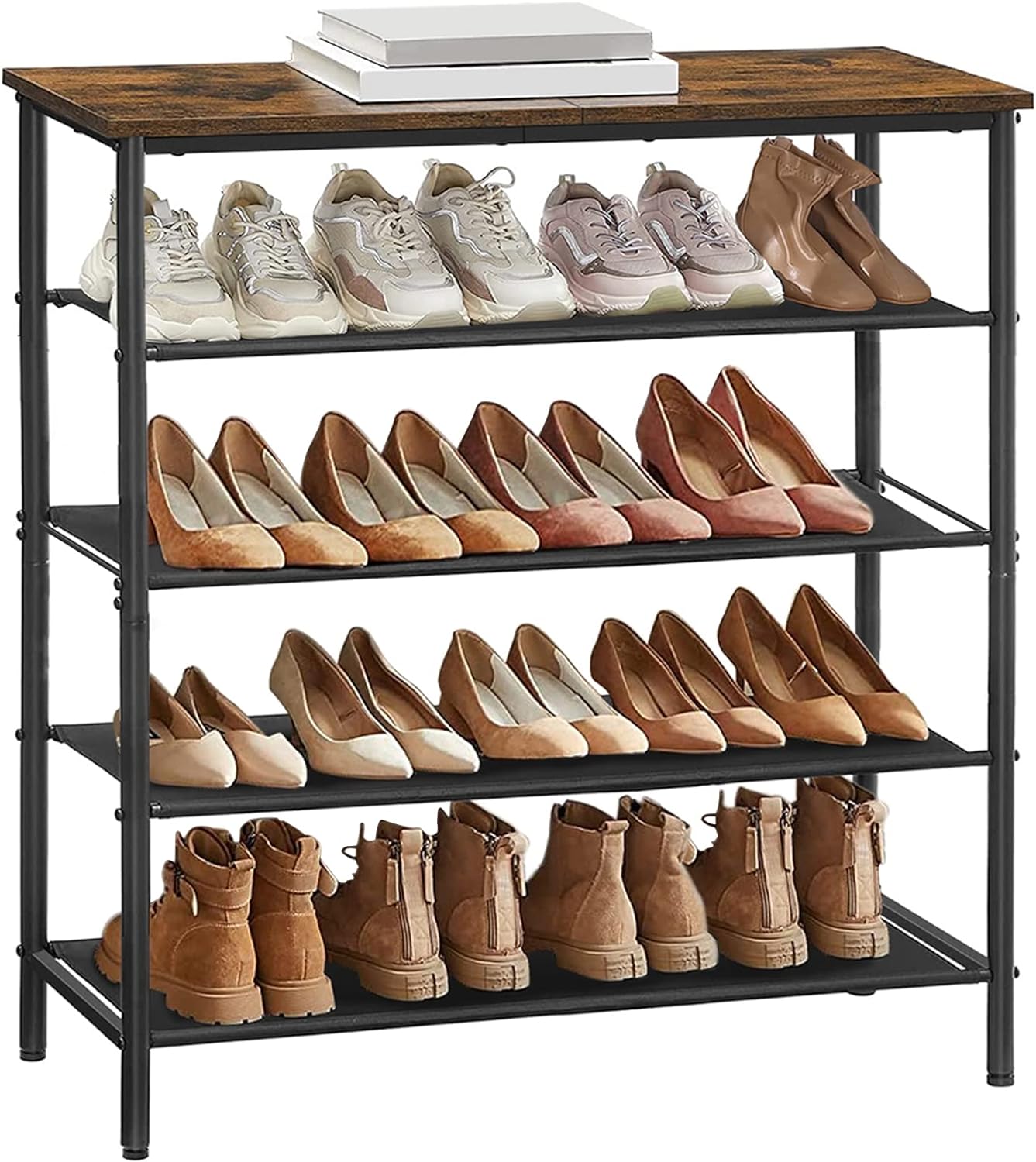 TUTOTAK Shoe Rack 5 Tier, Narrow Shoe Organizer for Closet Entryway, with 4 Fabric Shelves and Top for Bags, Shoe Shelf, Steel Frame, Industrial, Rustic Brown and Black SR01BB022