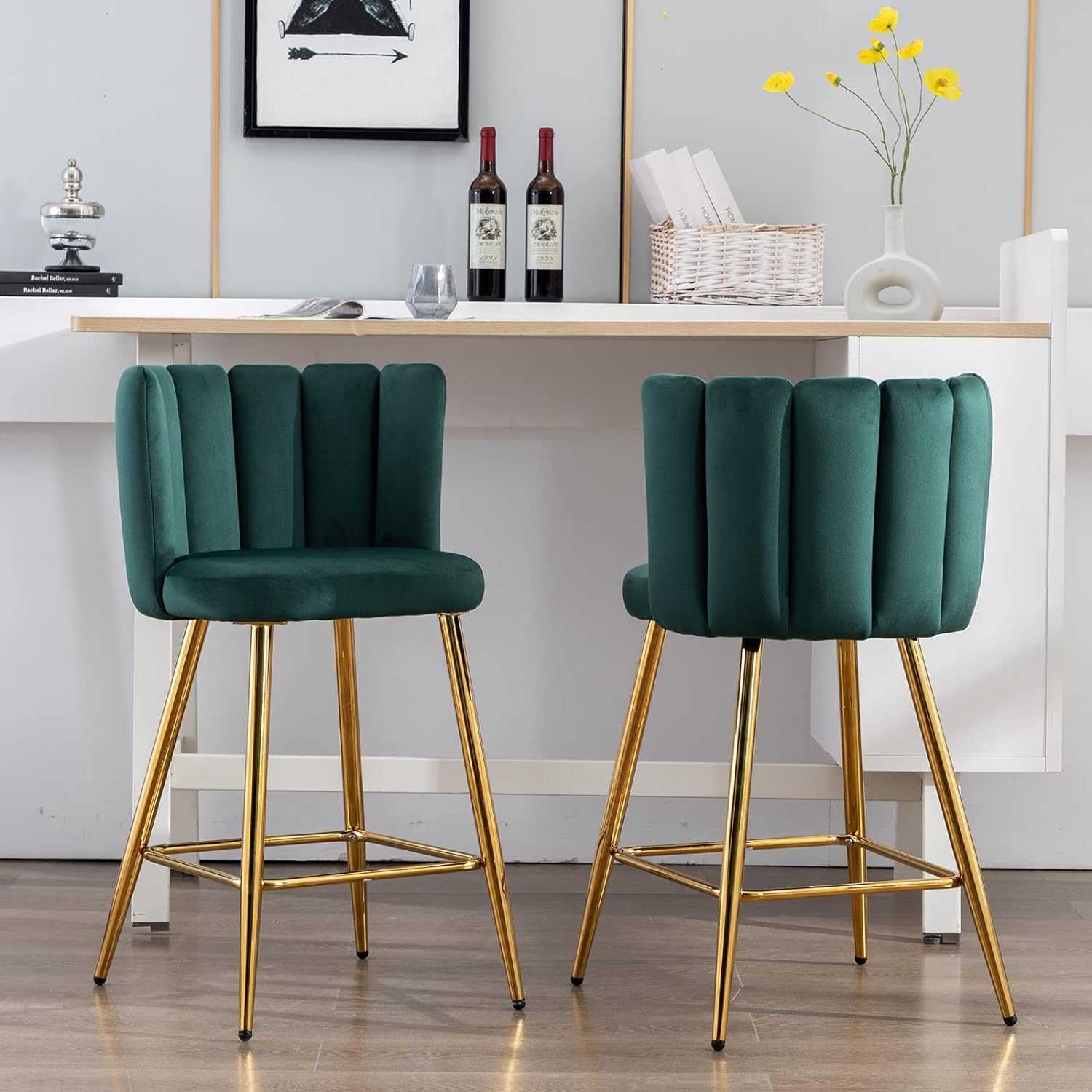 ZSARTS Green Velvet Bar Stools Set of 2, 26 Modern Gold Counter Height Barstools with Back Upholstered Kitchen Island Chairs with Gold Metal Legs for Bar Kitchen Island Bar Pub(Green)