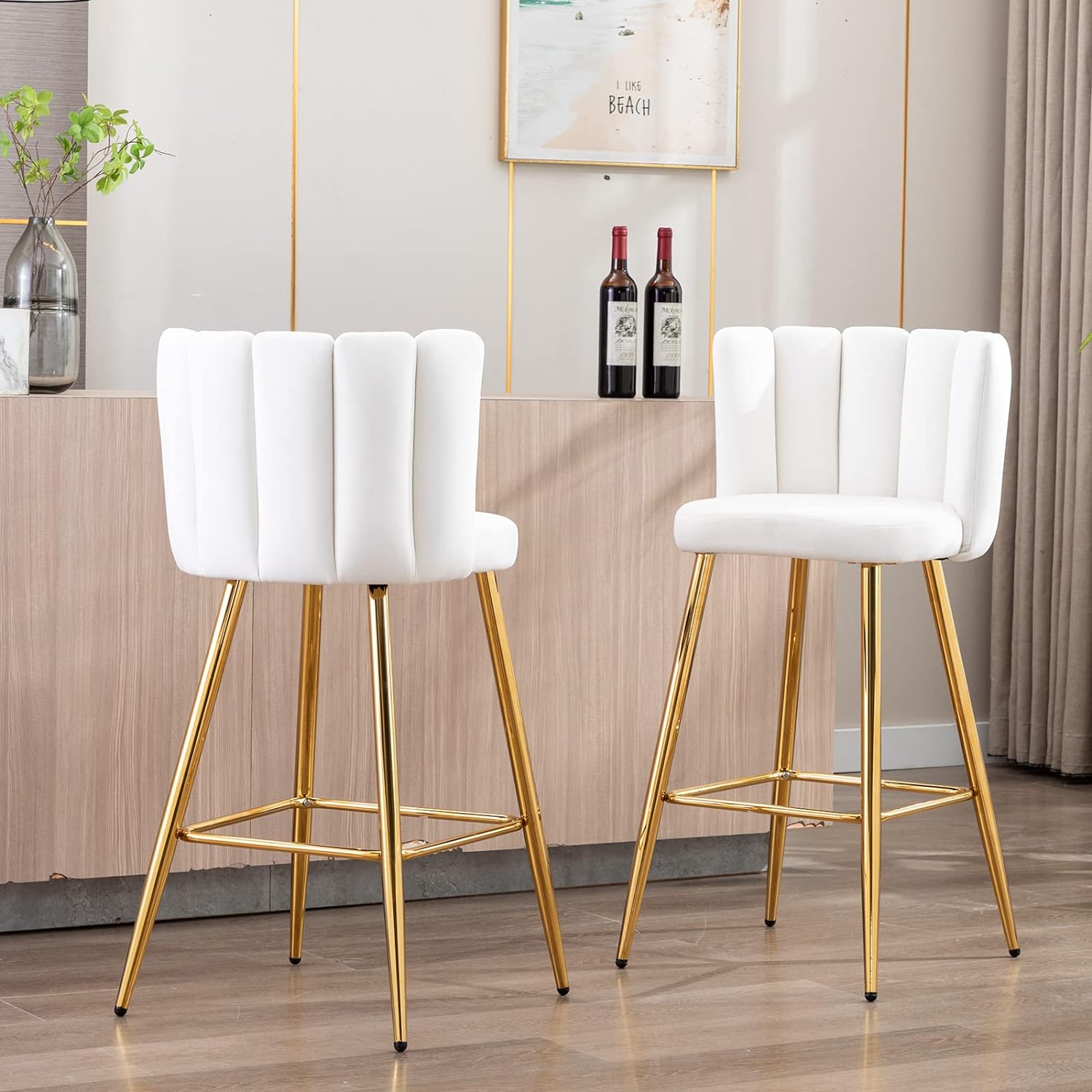 ZSARTS Cream Velvet Bar Stools Set of 2, 30 Modern Gold Counter Height Barstools with Back Upholstered Kitchen Island Chairs with Gold Metal Legs for Bar Kitchen Island Bar Pub(Cream)