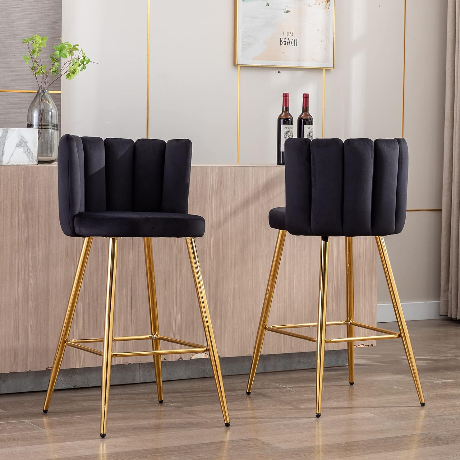 ZSARTS Black Velvet Bar Stools Set of 2, 30 Modern Gold Counter Height Barstools with Back Upholstered Kitchen Island Chairs with Gold Metal Legs for Bar Kitchen Island Bar Pub(Black)