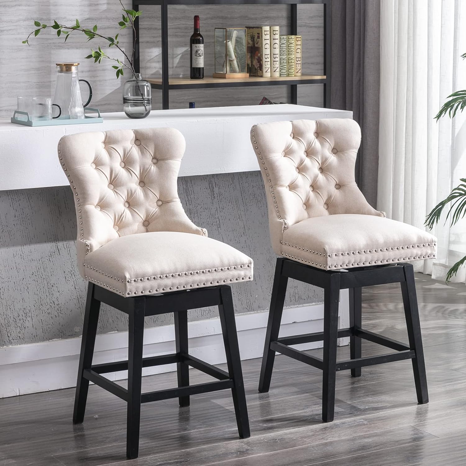 ZSARTS Cream Counter Height Bar Stools Set of 2, 27 Modern Linen Swivel Barstools with Wing Back Upholstered Kitchen Island Chairs with Wood Legs and Footrest for Home Bar Dining Room Pub(Cream)