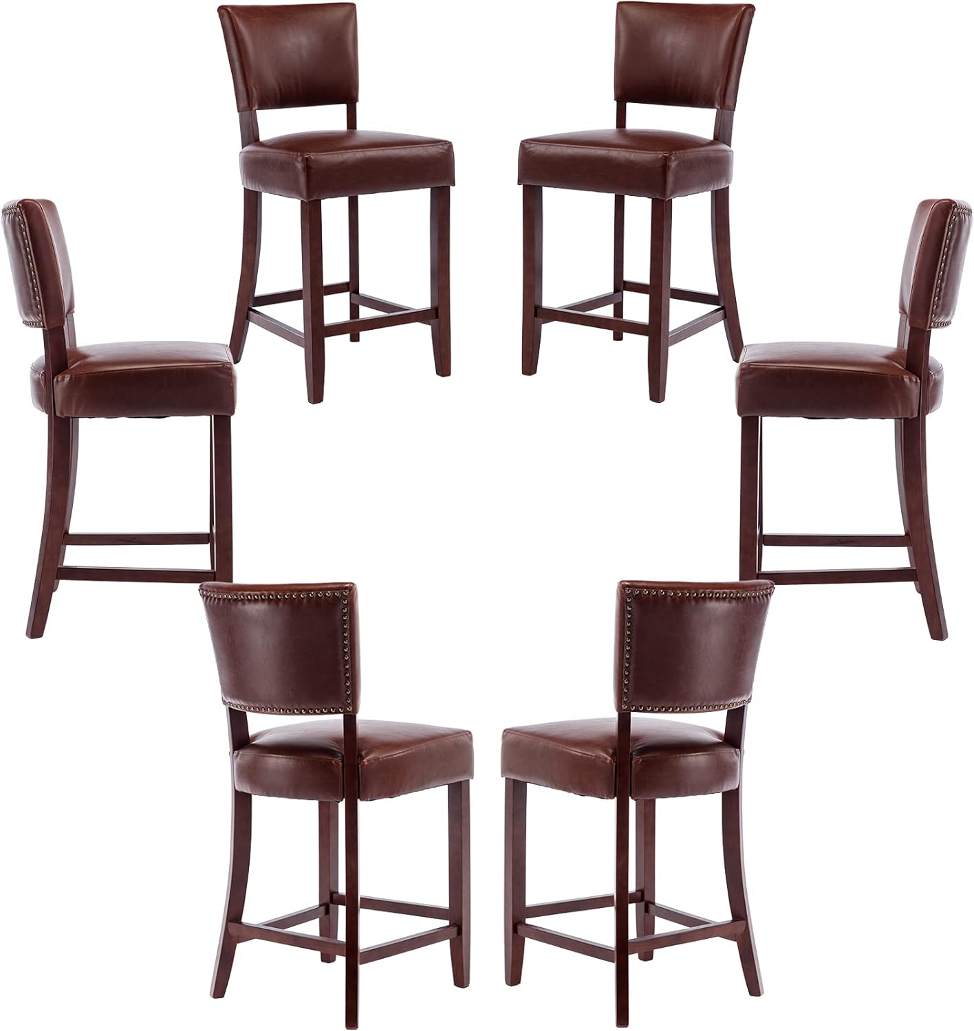 ZSARTS Brown Leather Bar Stools Set of 6, 26 Inch Counter Height Bar Stools Upholstered Wingback Barstools Wood Farmhouse Kitchen Chairs with Footrest for Home Bar Pub B&B