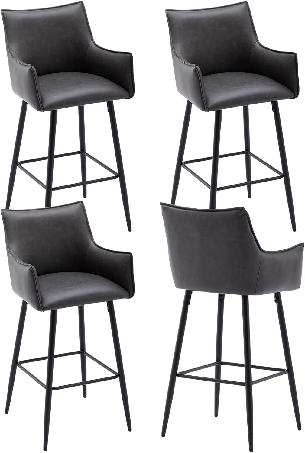 ZSARTS 30 Grey Bar Stools Set of 4, Modern Faux Leather High Back Barstools Upholstered Kitchen Island Chairs with Legs and Footrest for Home Bar Dining Room Pub (Grey)