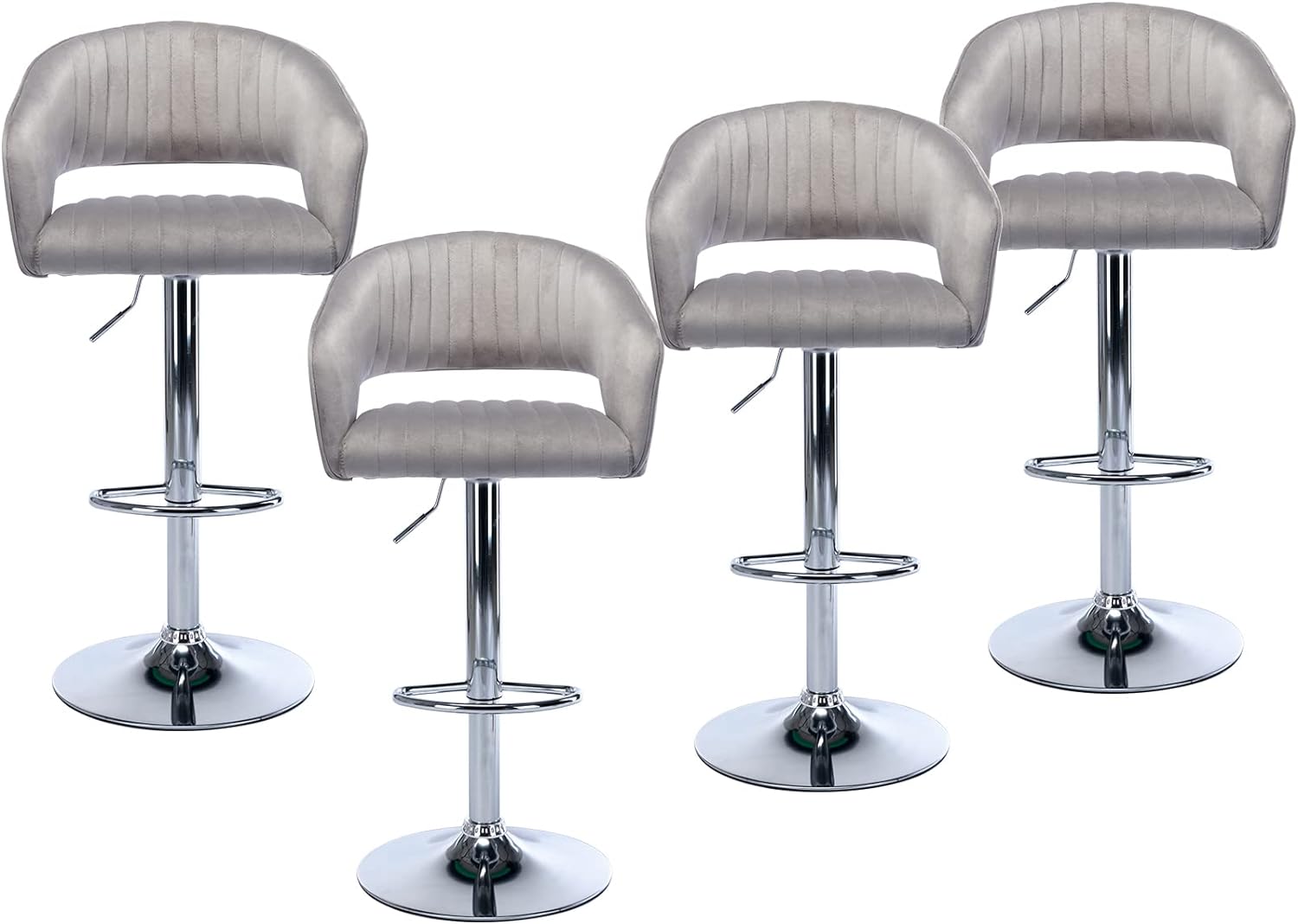 ZSARTS 24 Inch Barstools Set of 4, Upholstered Velvet Swivel Counter Height Stools with Back and Footrest, Adjustable Kitchen Dining Chairs for Pub Island, Grey