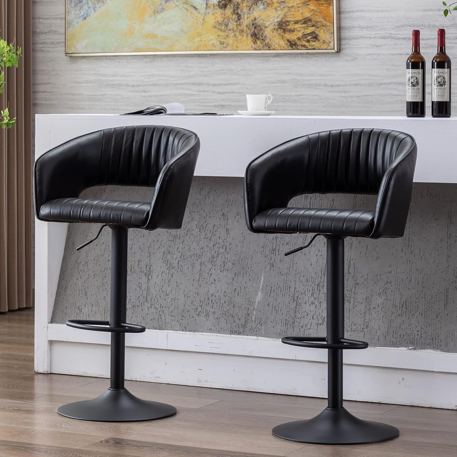 ZSARTS Black Barstools Set of 2, Faux Leather Swivel Bar Stools with Back Modern Adjustable Upholstered 24 Inch Counter Bar Chairs with Black Footrest for Pub Island Dining Room, Black