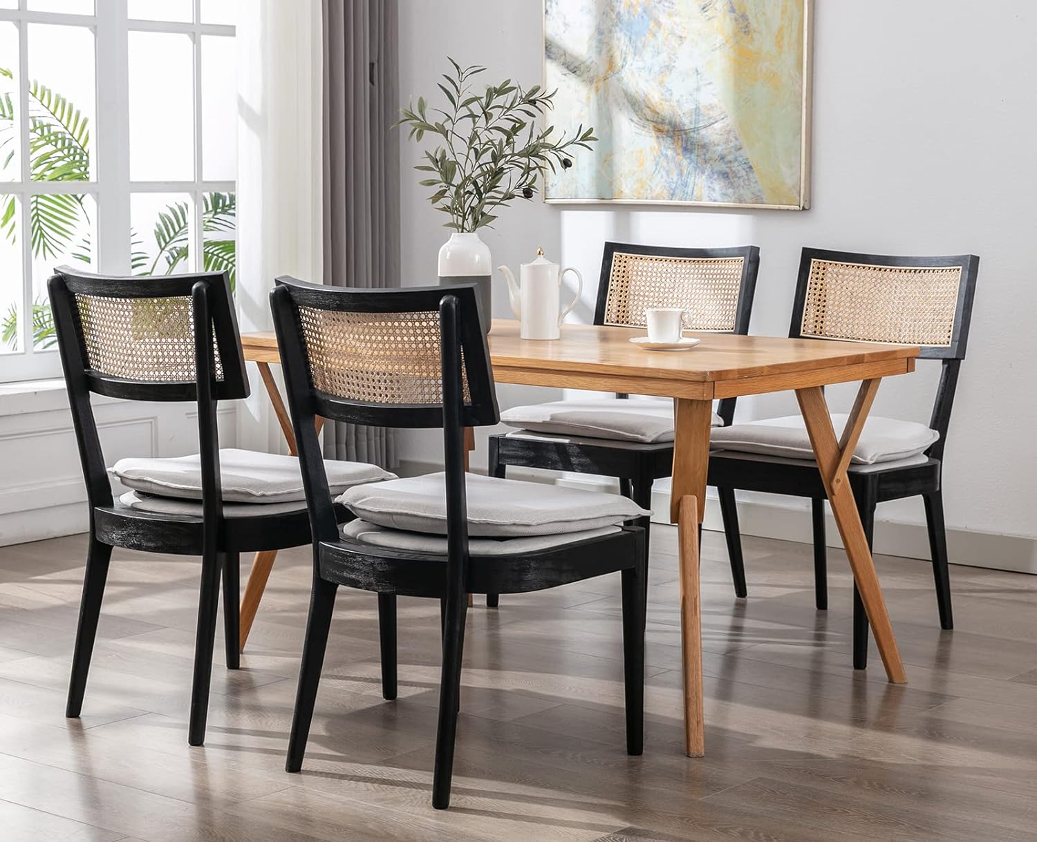 ZSARTS Black Rattan Dining Chairs Set of 4, French Country Dining Room Chairs with Detachable Cushion Linen Upholstered Kitchen Chairs with Wood Leg for Living Room Kitchen Garden(Black)