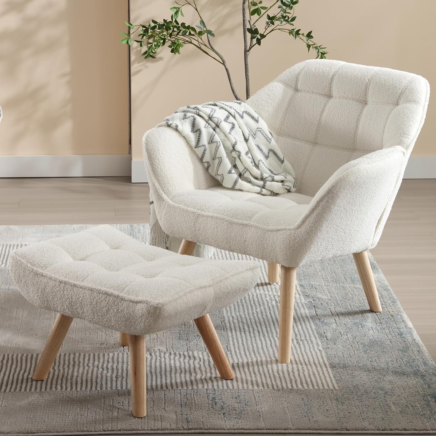 ZSARTS White Accent Chair with Ottoman, Modern Sherpa Armchair for Living Room Upholstered Wingback Chair Reading Chair with Footrest for Bedroom Small Space,White