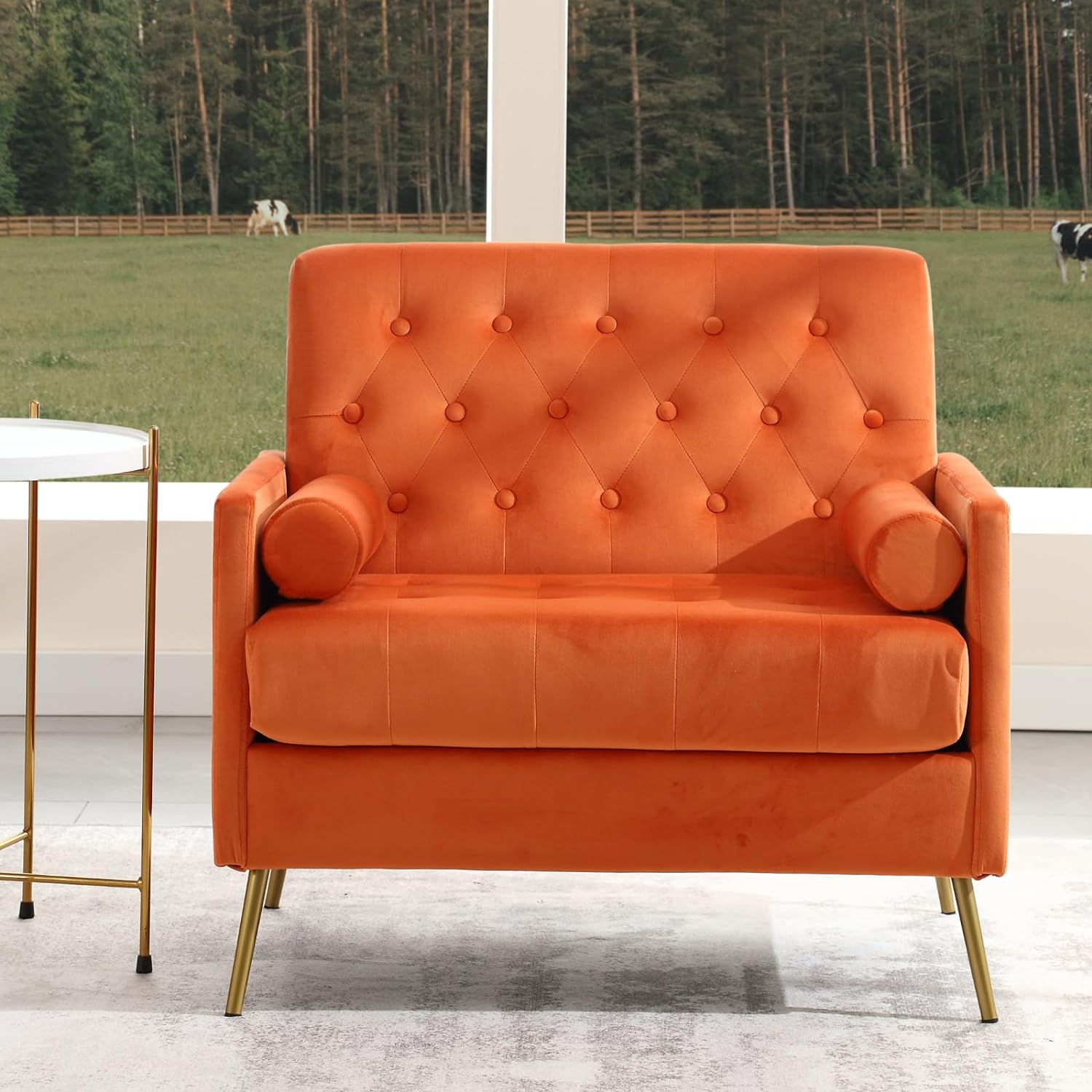 ZSARTS Modern Orange Accent Chair with Pillow, Velvet Gold Armchair Single Sofa with Back Wide Upholstered Reading Chair Side Chair for Small Space Bedroom, Orange