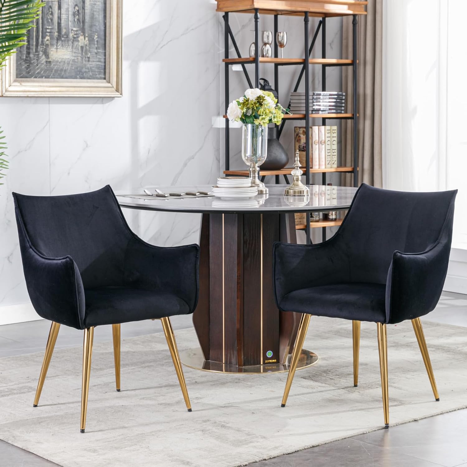 ZSARTS Velvet Gold Dining Chairs Set of 2, Modern Black Dining Room Chairs with Arms Upholstered High Back Accent Chair Comfy Side Chair Desk Chair for Kitchen Bedroom Small Corner,Black