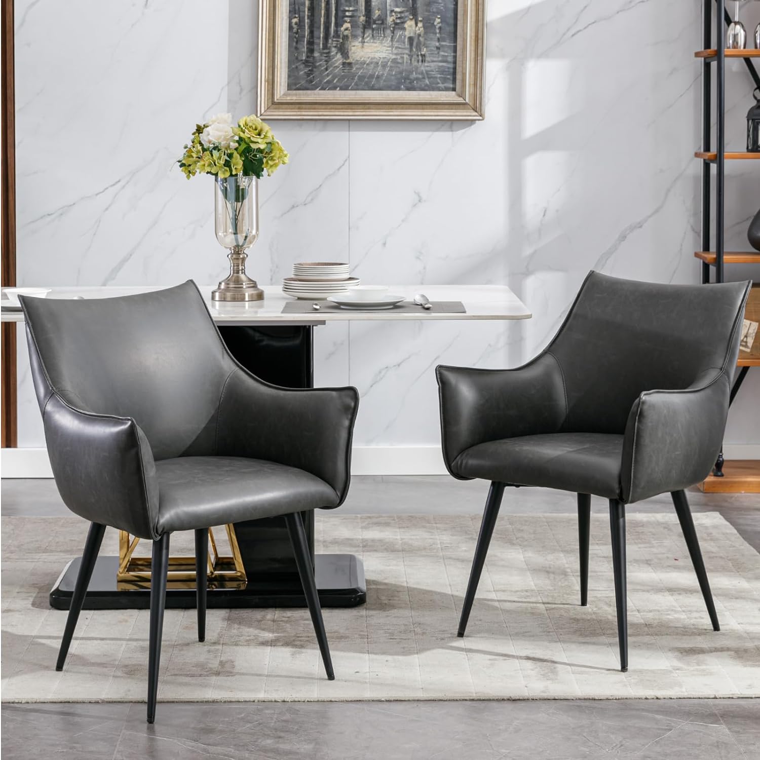 ZSARTS Faux Leather Dining Chairs Set of 2, Modern High Back Dining Room Chairs with Arms Upholstered Accent Chair Comfy Side Chair Desk Chair for Kitchen Bedroom Small Corner,Grey