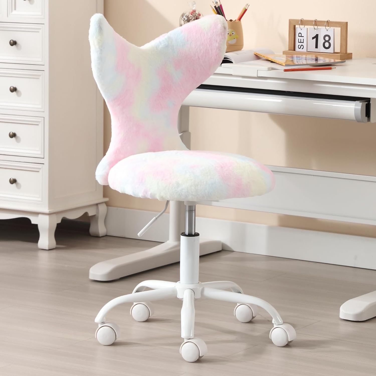 ZSARTS Cute Kids Desk Chair for Girls Armless Swivel Study Chair with Mermaid Tail Back Faux Fur Adjustable Task Chair with Wheels for Bedroom Home Office,Pink Colorful