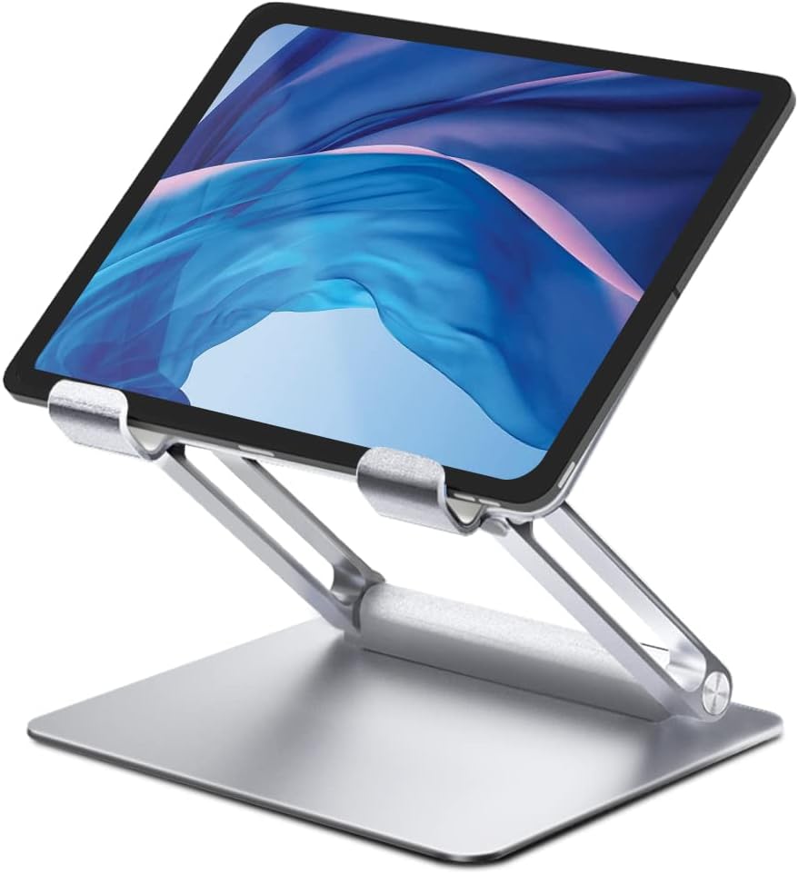 ALASHI Tablet Stand for Desk, Multi-Angle Adjustable Tablet Holder, Foldable Portable Ergonomic Design, Premium Metal Tablet Riser Compatible with 7 to 13.3 Inches Tablets, Silver