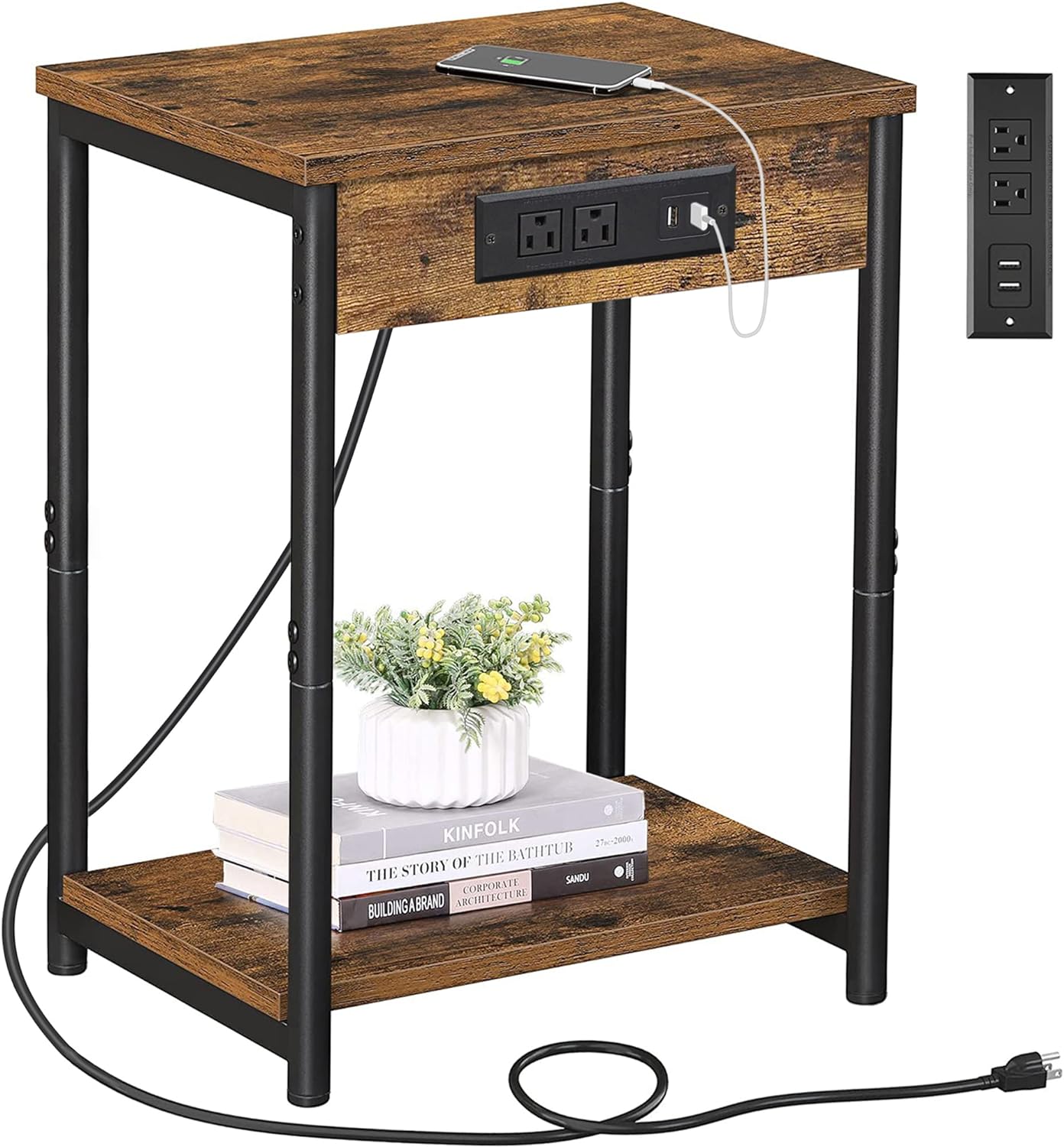 TUTOTAK End Table with Charging Station, Side Table with 2 USB Ports and 2 Outlets, 21.8H 2-Tier Nightstand with Storage Shelf, Sofa Table for Living Room, Bed Room, Rustic Brown TB01BB025