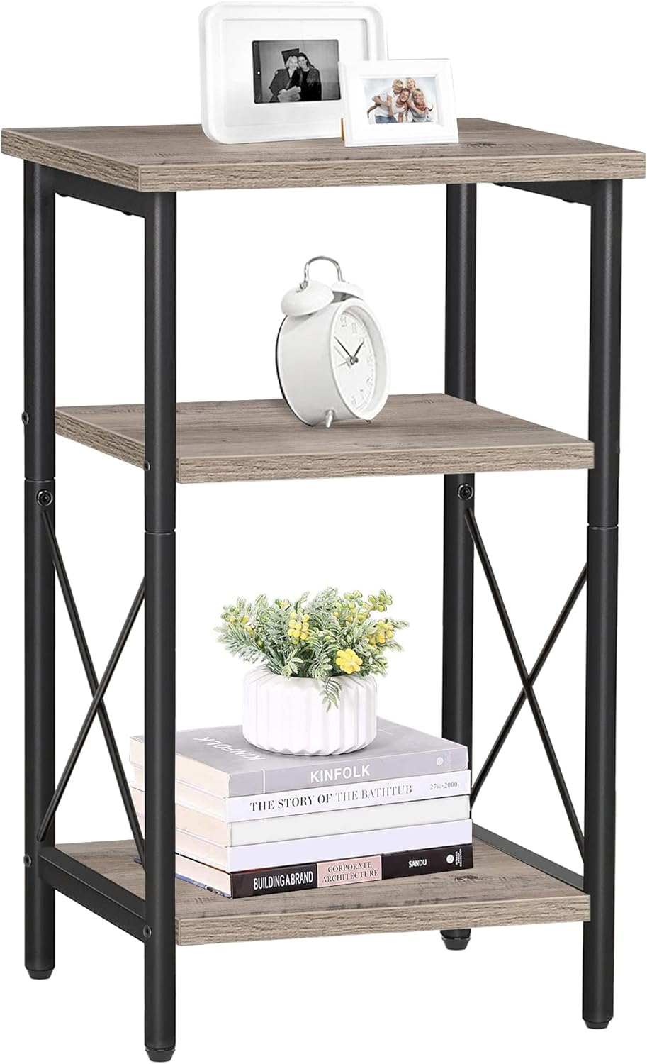 TUTOTAK End Table, Tall Side Table, End Table with Storage Shelves, 3-Tier Slim Table, Steel Frame, for Living Room, Study, Bedroom TB01BG018