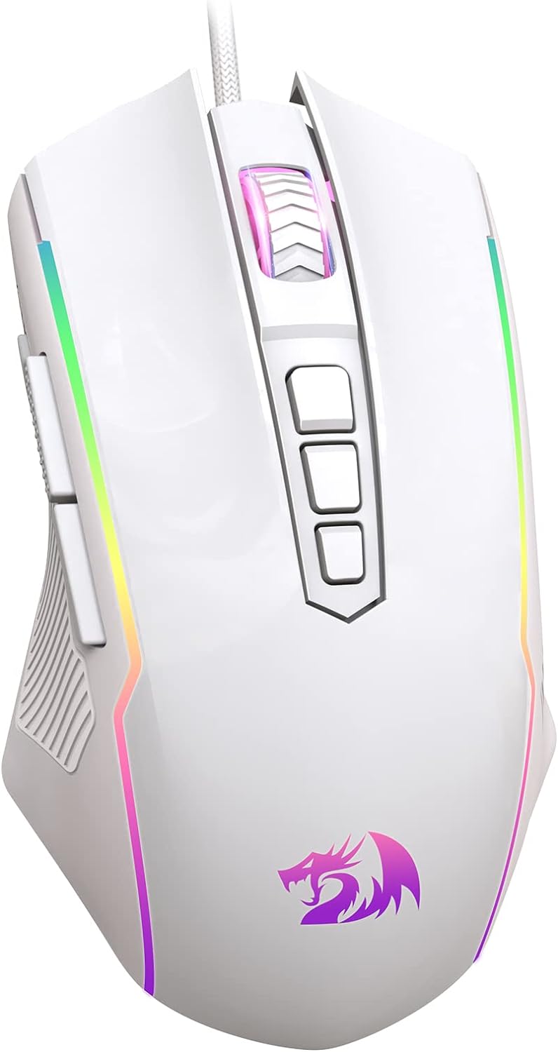 Redragon RGB Backlit Gaming Mouse - 8000 DPI, 9 Programmable Buttons, Fire Button for Windows/Mac - White