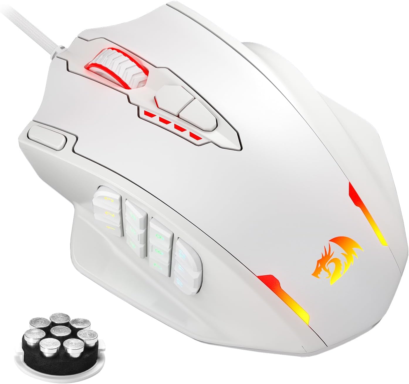 Redragon M908 Impact RGB LED MMO Gaming Mouse with 12 Side Buttons, Optical Wired Ergonomic Gamer Mouse with Max 12,400DPI, High Precision, 20 Programmable Macro Shortcuts, Comfort Grip, White