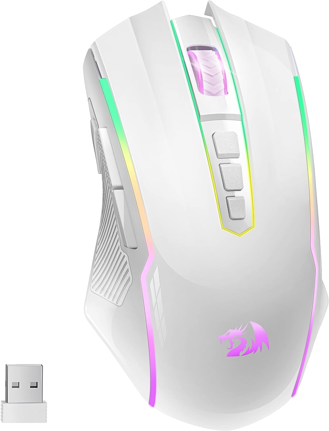 Redragon Wireless Gaming Mouse with RGB Backlit, 8000 DPI, with Fire Button, Macro Editing Programmable ,70Hrs for Windows/Mac, Rechargeable, White, M910-WS