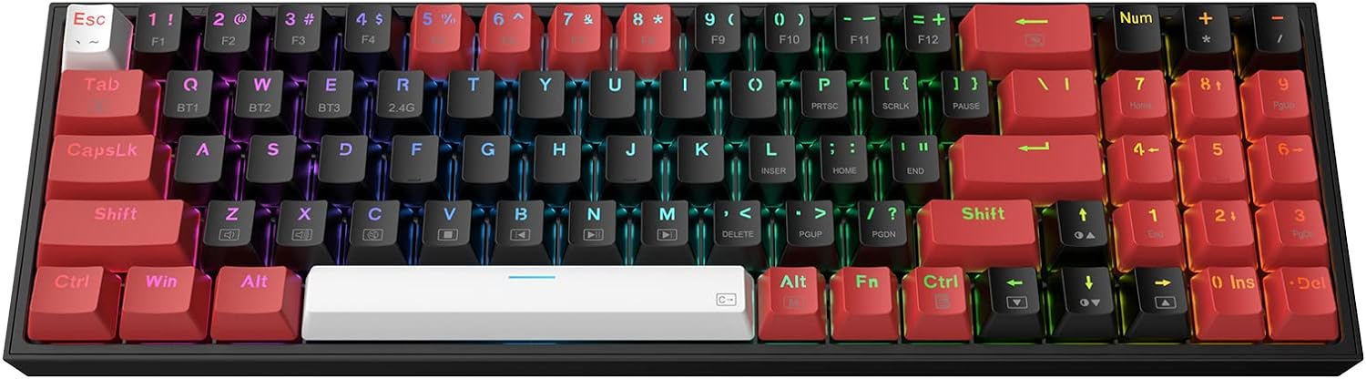 Redragon K628 PRO 75% 3-Mode Wireless RGB Gaming Keyboard, 78 Keys Hot-Swappable Compact Mechanical Keyboard w/Hot-Swap Free-Mod PCB Socket, Dedicated Arrow Keys & Numpad, Red Switch