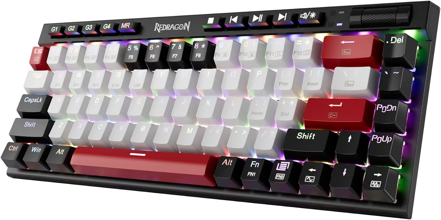 Redragon K635 Hot Swappable Mechanical Keyboard Customized RGB Backlit with Volume Control, Bluetooth/2.4G-Wireless/USB-C Compact Gaming Keyboard with Red Switches(68+10Keys)