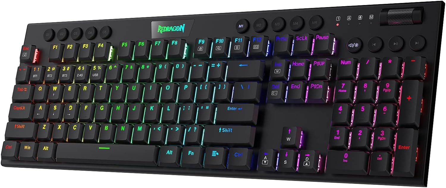 Redragon K618 Horus Wireless RGB Mechanical Keyboard, BT/2.4Ghz/Wired Tri-Mode Low Profile Gaming Keyboard w/Ultra-Thin Design, Dedicated Media Control & Linear Red Switch