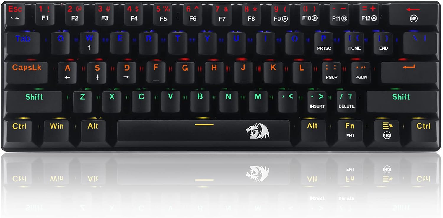 Redragon K613 60% Mini Mechanical Gaming Keyboard 61 Key Tenkeyless Rainbow LED Backlit Wired Computer Keyboard with Blue Switches for Windows PC