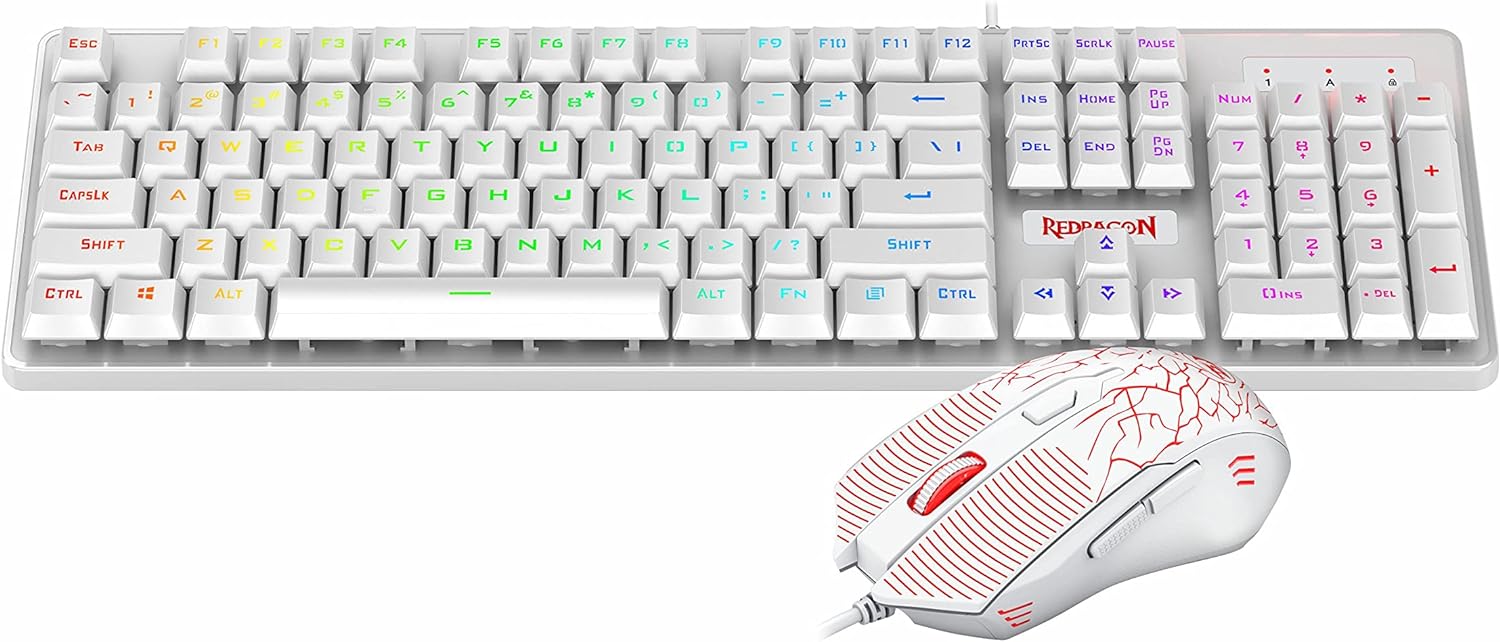 Redragon S107 Gaming Keyboard and Mouse Combo Wired Mechanical Feel RGB LED Backlit Keyboard 3200 DPI Gaming Mouse for Windows PC (White)