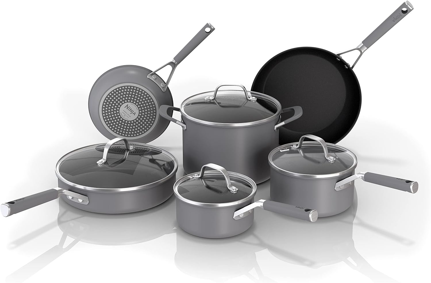 Ninja CW69010 NeverStick Comfort Grip 10-Piece Cookware Set, Nonstick, Durable, Scratch Resistant, Dishwasher Safe, Oven Safe to 400Â°F, Silicone Handles, Grey