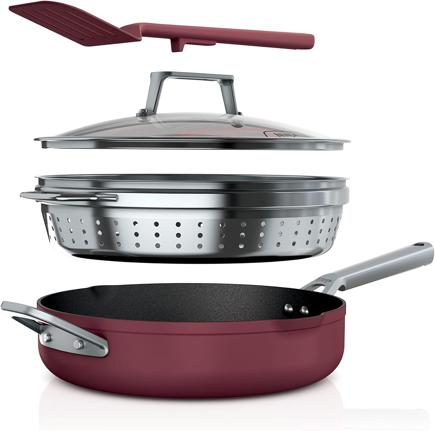 Ninja CW102RD Foodi NeverStick PossiblePan, Premium Set with 4-Quart Capacity Pan, Steamer/Strainer Basket, Glass Lid & Integrated Spatula, Nonstick, Durable & Oven Safe to 500Â°F, Cherry Tart