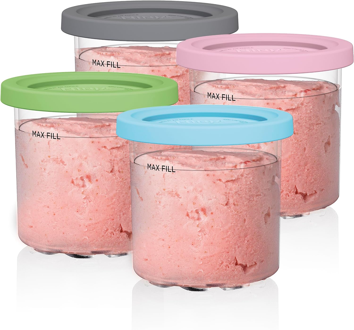 Ninja Creami Pints 4 Pack, Compatible with NC299AMZ & NC300s Series Creami Ice Cream Makers, Genuine Ninja Pint, BPA-Free & Dishwasher Safe, Color Lids, Clear/Grey/Lime/Pink/Aqua, XSKPLD4BCD