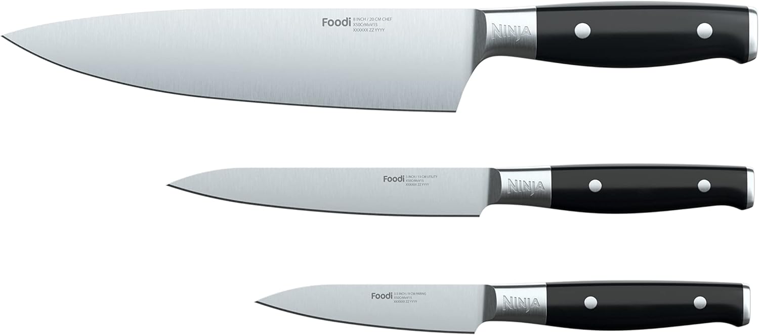 Ninja K32003 Foodi NeverDull System 3-Piece Chef Knife, Utility Knife & Paring Knife Set, Premium, German Stainless Steel, Black