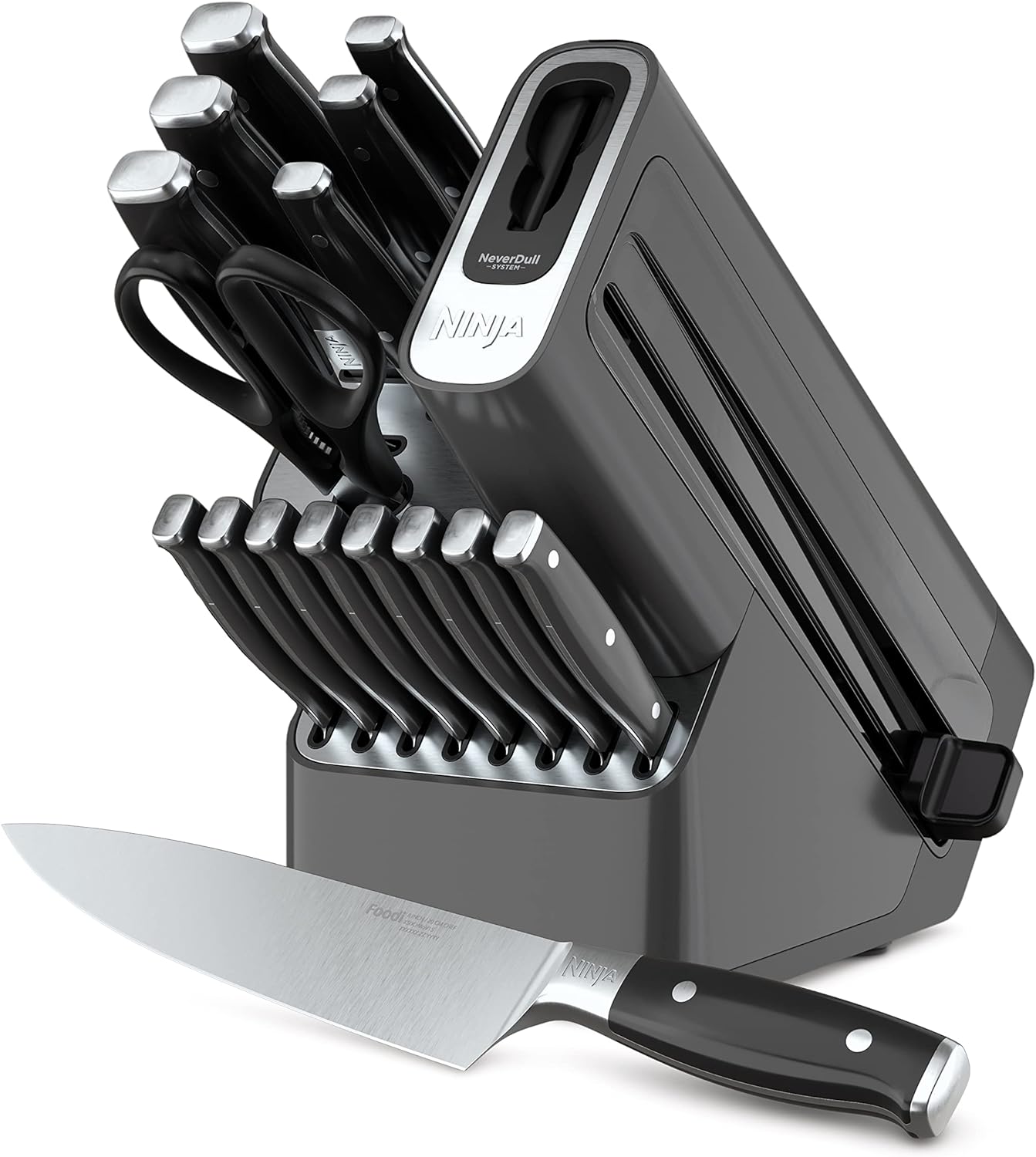 This Ninja NeverDull Knife set has truly become the backbone of my cooking adventures. With its versatile 14-piece set and a built-in sharpener, it' like having the perfect tool for every cooking task right at my fingertips. Not only does the knife block look sleek on my countertop, but the razor-sharp blades make slicing and dicing a breeze, saving me precious time and effort in the kitchen. This user-friendly and efficient set has undoubtedly elevated my cooking game and made meal preparation