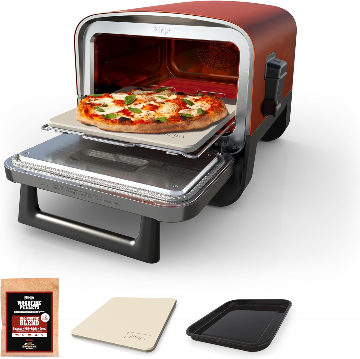 Ninja Woodfire Pizza Oven, 8-in-1 outdoor oven, 5 Pizza Settings, Ninja Woodfire Technology, 700Â°F high heat, BBQ smoker, wood pellets, pizza stone, electric heat, portable, terracotta red, OO101