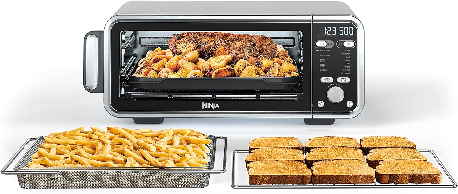 Ninja SP301 Dual Heat Air Fry Countertop 13-in-1 Oven with Extended Height, XL Capacity, Flip Up & Away Capability for Storage Space, with Air Fry Basket, SearPlate, Wire Rack & Crumb Tray, Silver