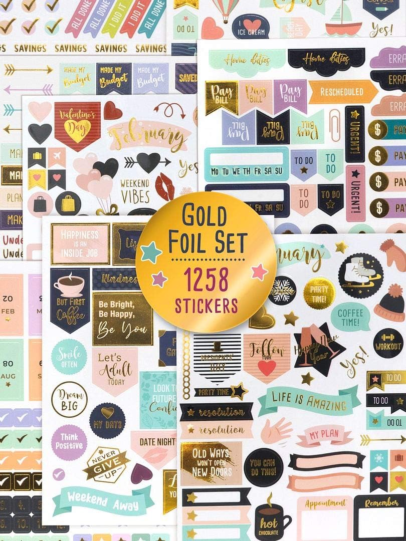 Aesthetic Gold Foil Planner Stickers - 1250  Stunning Design Accessories Enhance and Simplify Your Planner, Journal and Calendar