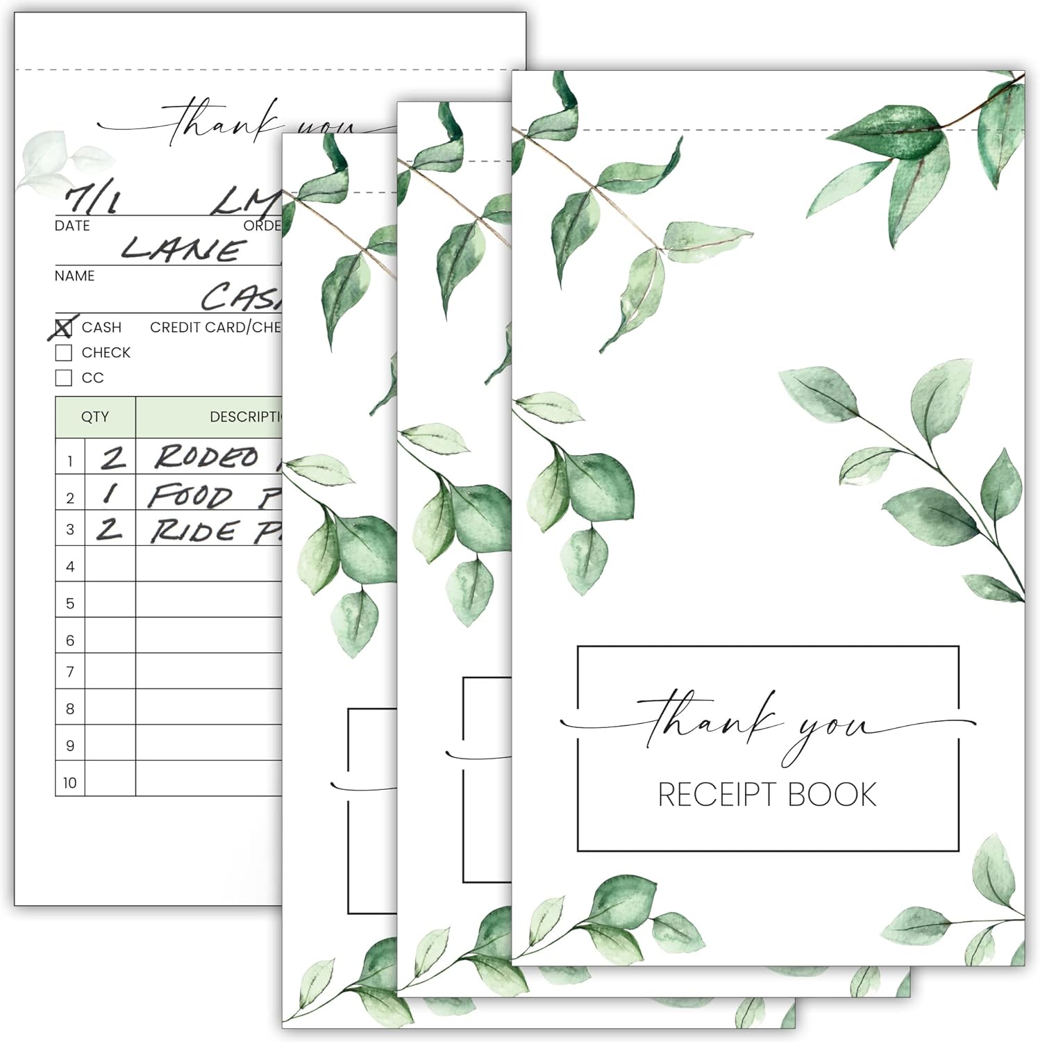 Simplified Greenery Thank You Receipt Book Set of 3 for Small Businesses - Aesthetic and Easy to Use Receipt Pad - The Perfect Business Supplies That Helps You and Your Happy Clients to Stay Organized