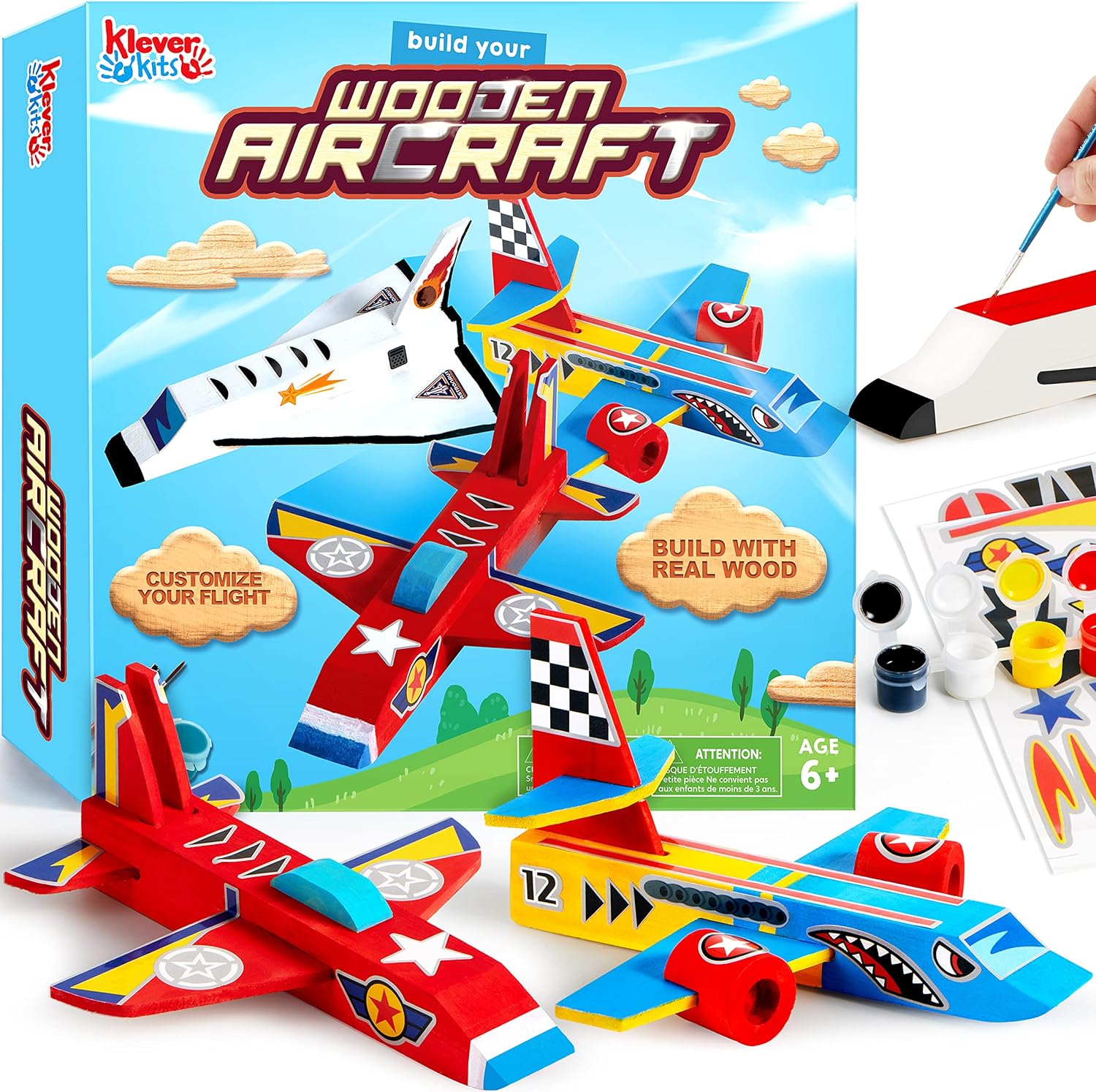 Klever Kits Build & Paint Your Own Wooden Airplane - DIY 3D Wood Craft Kit with 3 Airplane Toys, Arts and Crafts Projects for Kids Ages 6+, Easy To Assemble Birthday Party Gifts for Boys 6-12 Year Old