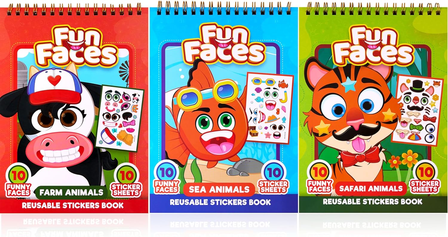 JOYIN Make-a-Face Reusable Sticker Books 3-Pack (Safari, Farm, Sea Animals) - On The Go Travel Toys Activity Pad for Kids Ages 4-8(30 Scenes)