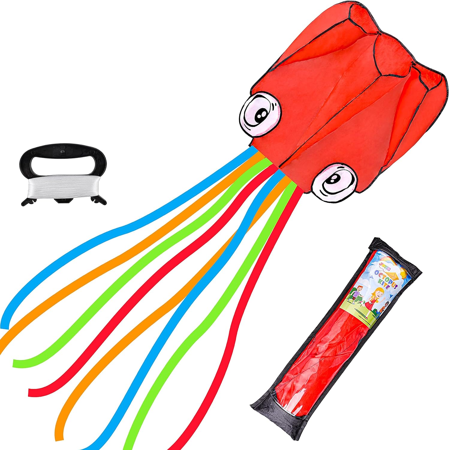 JOYIN Red Large Octopus Kite with Long Colorful Tails, Easy to Fly Gaint Kites for Kids and Adults with 262.5 ft Kite String, Large Beach Kite 3D Kite for Outdoor Games and Activities