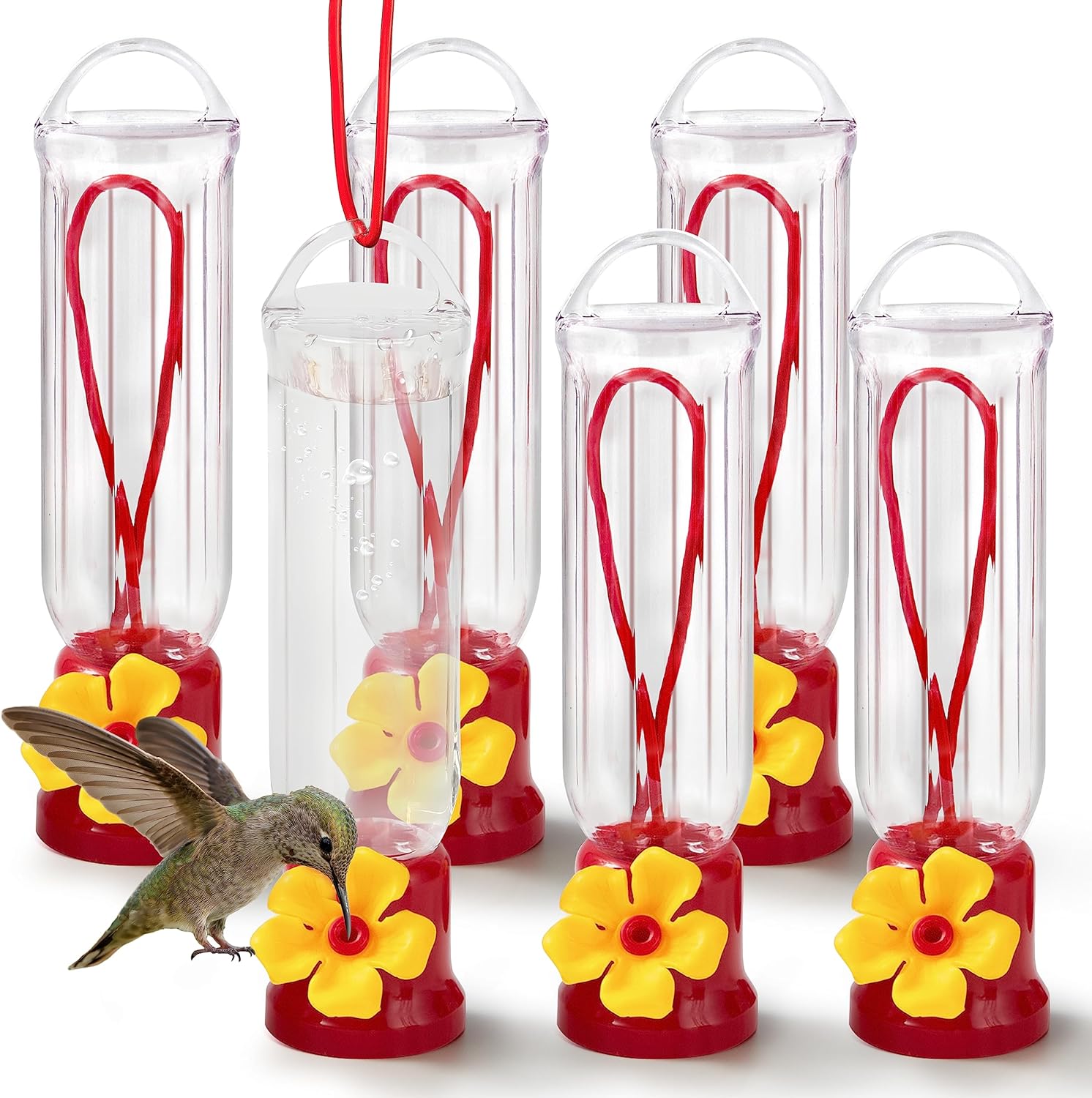 JOIEDOMI Set of 6 Mini Hummingbird Feeders with Hanging Wires, Transparent Outdoor Humming Bird Feeder Set with 3 Cleaning Brush for Patio, Outside, Lawn, Backyard, Garden, Easy to Clean