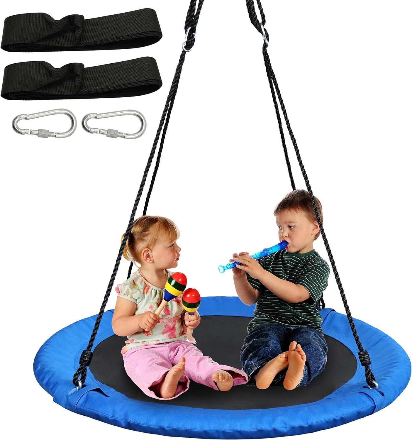 TURFEE 40 Blue Saucer Tree Swing Set 900D Heavy-Duty Waterproof Oxford Fabric Platform Swing Seat with Carabiners and Adjustable Ropes for Kids Playground Outdoor Activity Backyard Fun Daily Exercise