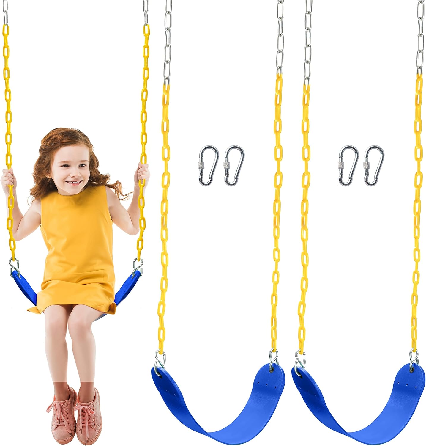 TURFEE 2 Pack Swing for Outdoor Swing Set, Swing Seat Replacement Kit with 66 Heavy Duty Chains, 4 Snap Hook for Kids Outdoor Play Playground, Trees, Swing Set, Playground (Blue)